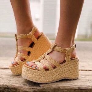 Free People Natural Braided Espadrille Wedges